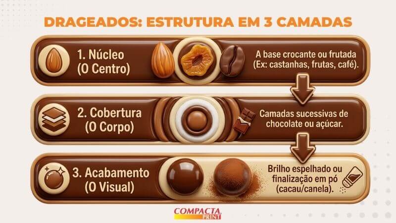 Grageados: Estrutura em 3 camadas O infográfico, com o título "DRAGEADOS: ESTRUTURA EM 3 CAMADAS", ilustra a composição de um drageado em três etapas sequenciais, representadas por barras horizontais marrons com bordas douradas e ícones. A primeira barra no topo, intitulada "1. Núcleo (O Centro)", mostra ícones de uma amêndoa, uma fatia de fruta seca e um grão de café, com a descrição "A base crocante ou frutada (Ex: castanhas, frutas, café)." Uma seta aponta para baixo para a segunda barra, "2. Cobertura (O Corpo)", que exibe um ícone de barras de chocolate e um ícone de camadas concêntricas, acompanhados pelo texto "Camadas sucessivas de chocolate ou açúcar." Outra seta aponta para a terceira e última barra, "3. Acabamento (O Visual)", que apresenta ícones de um drageado brilhante, um drageado polvilhado com cacau e um saleiro, com a explicação "Brilho espelhado ou finalização em pó (cacau/canela)." No rodapé, centralizado, está o logotipo da "COMPACTA PRINT". O fundo é um tom claro de bege com um padrão sutil de pontos.