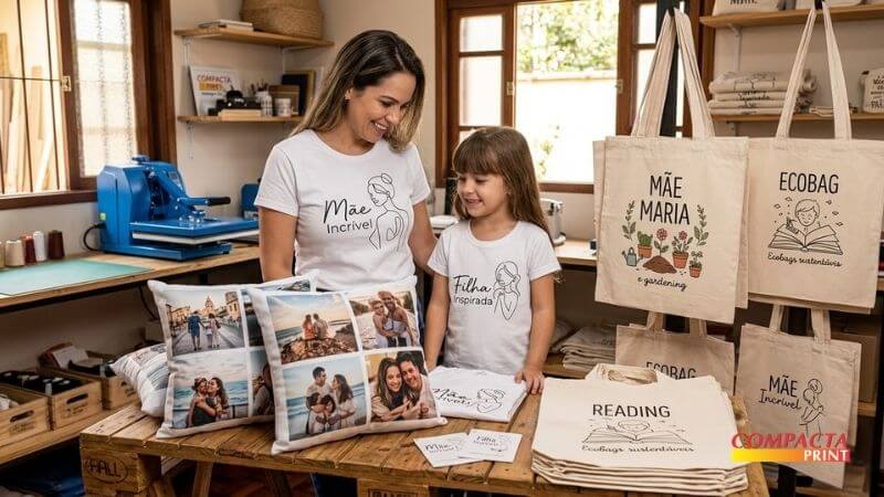 Itens Têxteis: Estilo e Identidade Uma foto de uma mãe e seu filho, sentados a uma mesa de madeira rústica, sorrindo enquanto montam juntos um grande quebra-cabeça de foto de família colorida. No fundo, prateleiras flutuantes exibem uma foto emoldurada em preto e branco da mesma mãe com dois filhos, além de livros e plantas em vasos de concreto. O logo Compacta Print está no canto inferior direito.