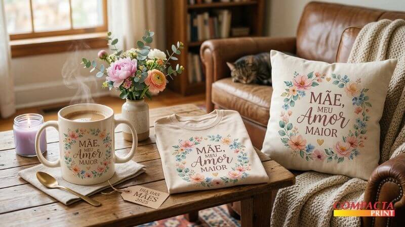 Dia das Mães 2026 Uma mesa de madeira rústica exibe um kit de presente personalizado de Dia das Mães, composto por uma caneca branca fumegante com café, uma camiseta de cor creme dobrada e uma almofada, todos estampados com uma guirlanda de flores em aquarela e o texto centralizado em português: "MÃE, MEU AMOR MAIOR". Na mesa, há também uma vela roxa acesa em copo de vidro, um vaso de cerâmica com flores frescas e uma pequena etiqueta de papel kraft que diz "DIA DAS MÃES 2025". Ao fundo, um gato tigrado dorme em um sofá de couro marrom.