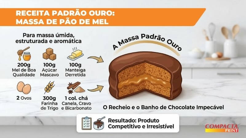 Receita Padrão Ouro Infográfico de receita com o título "Receita Padrão Ouro: Massa de Pão de Mel" sobre um fundo de cozinha clara. À esquerda, ícones listam os ingredientes: 200g de mel, 100g de açúcar mascavo, 100g de manteiga, 2 ovos, 300g de farinha e 1 colher de especiarias/bicarbonato. Setas apontam para a ilustração central de um pão de mel recheado. Na base, um quadro resume o resultado: "Produto Competitivo e Irresistível".